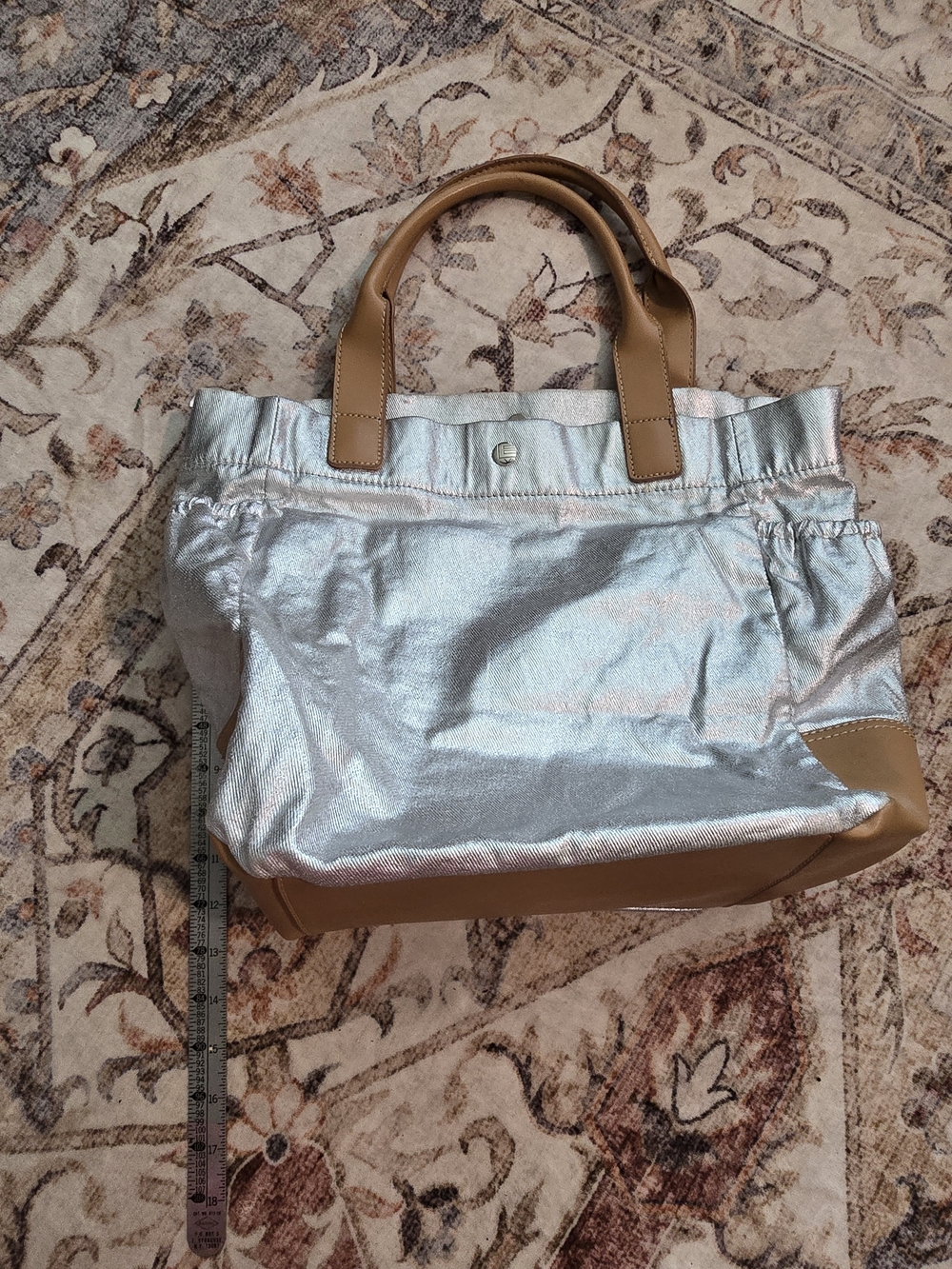 Metallic Silver Tote with Tan Handles
